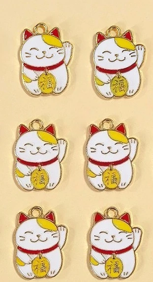 6Pcs Enamel Maneki Neko Charms, Cute Lucky Cat Pendants