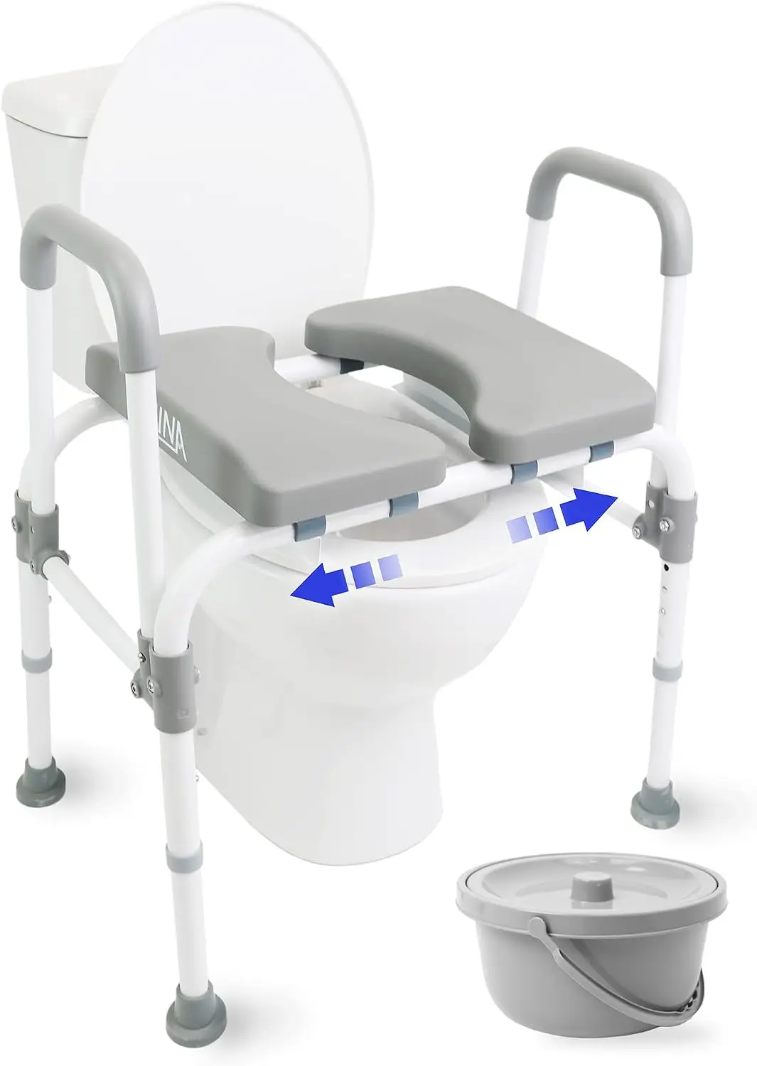 KMINA Raised Toilet Seat Riser with Handles for Seniors, 400 lb, White | Works as a Commode and Shower Chair, Padded Armrests, A