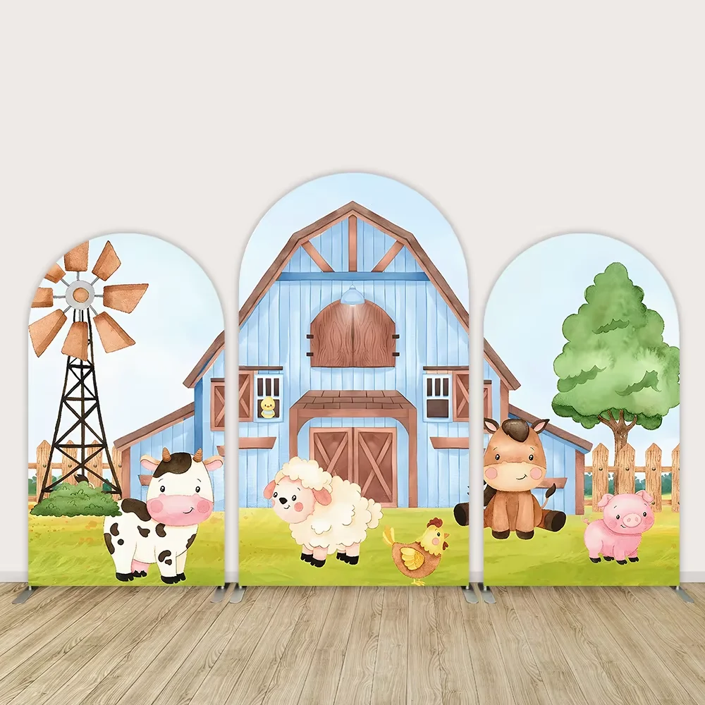 

Mehofond Boy Birthday Arch Backdrop Cartoon Cow Barn Blue Brown Farm Theme Arched Wall Cover Baby Shower Windmill Background