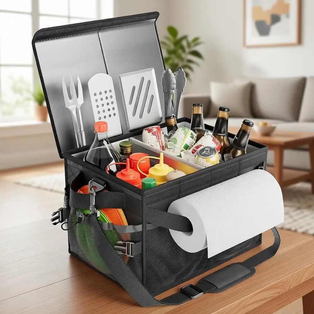 

BBQ Organizer with Lid and Paper Towel Holder, 32L, Portable Grill Caddy for Picnics and Camping