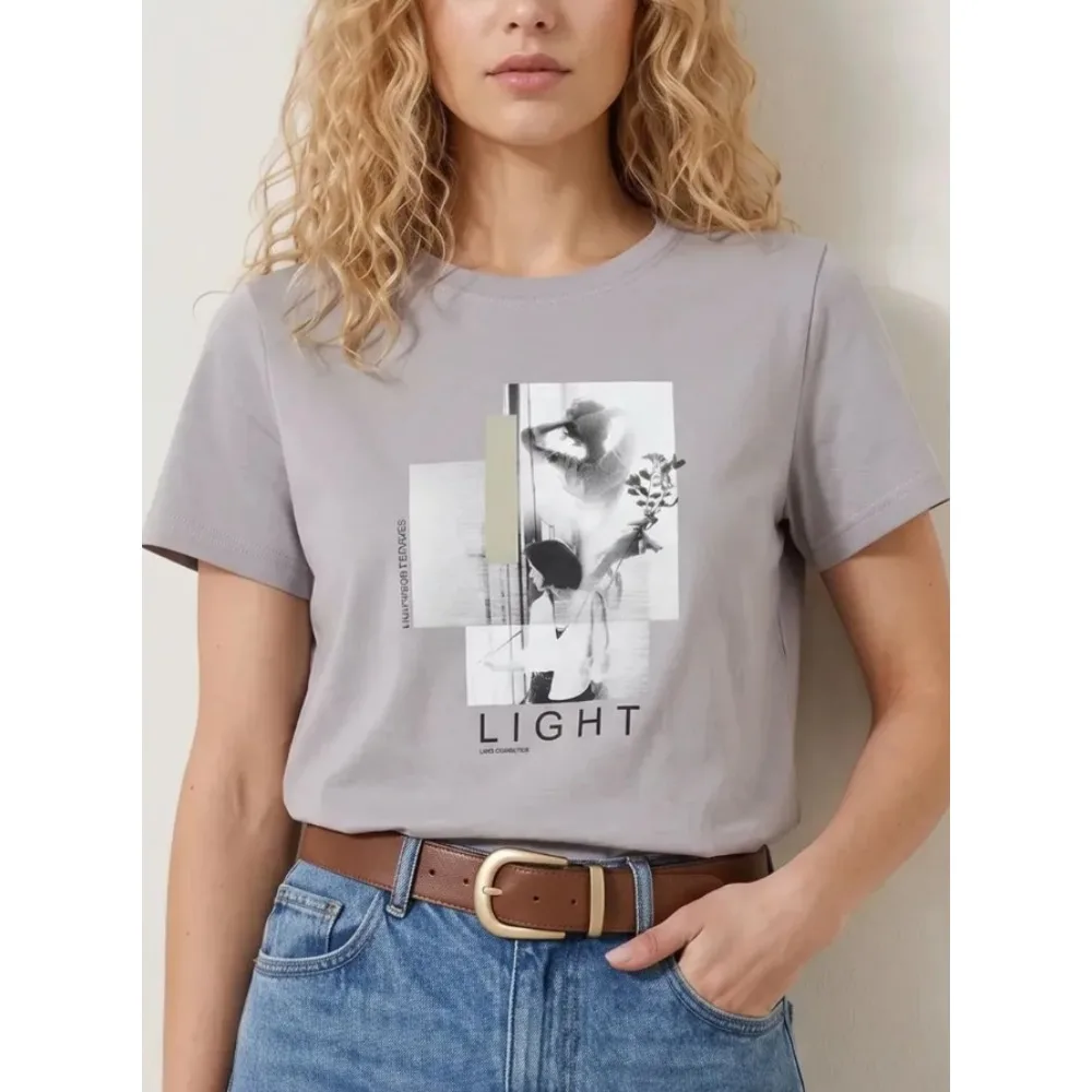 Collage Figure LIGHT Letter Print T‑Shirt Women Casual Short Sleeve Crew Neck Vintage Daily Loose Tee Tops