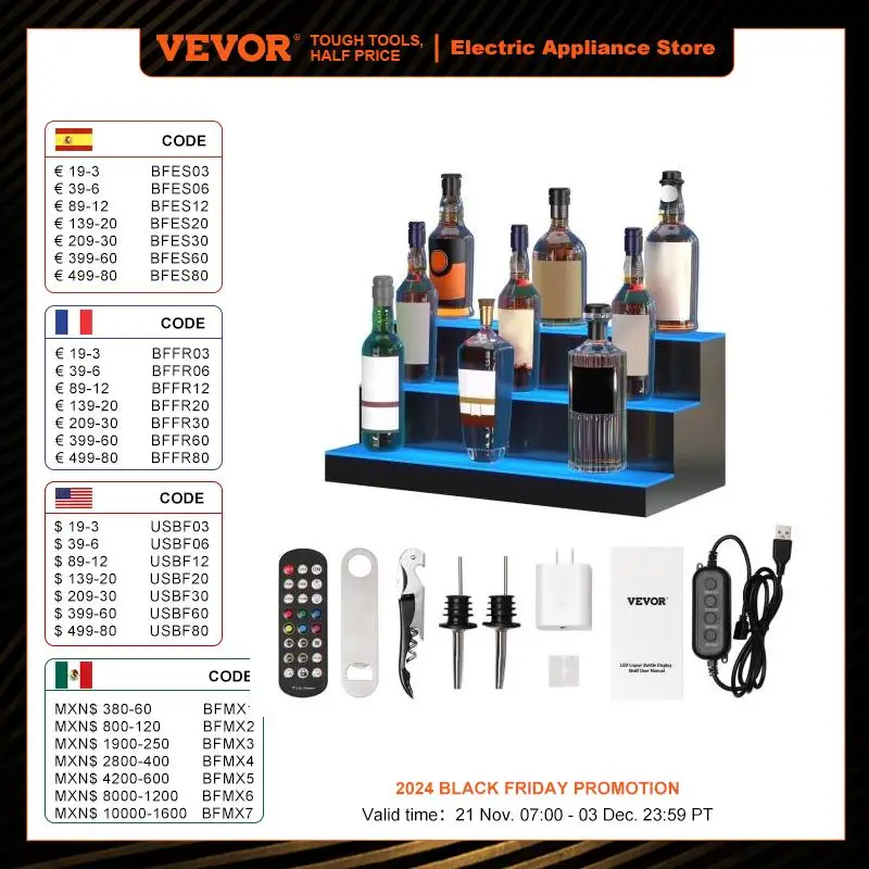 VEVOR LED Liquor Bottle Display Rack 16/24inch 1/2/3/4-Tier Multi-color Translucent Acrylic Bar Shelf with Remote  App Control