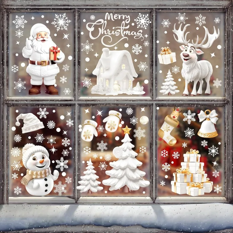 Static Cling Christmas Window Decals White Snowman Tree Design for Glass Door Holiday Home Office Decoration