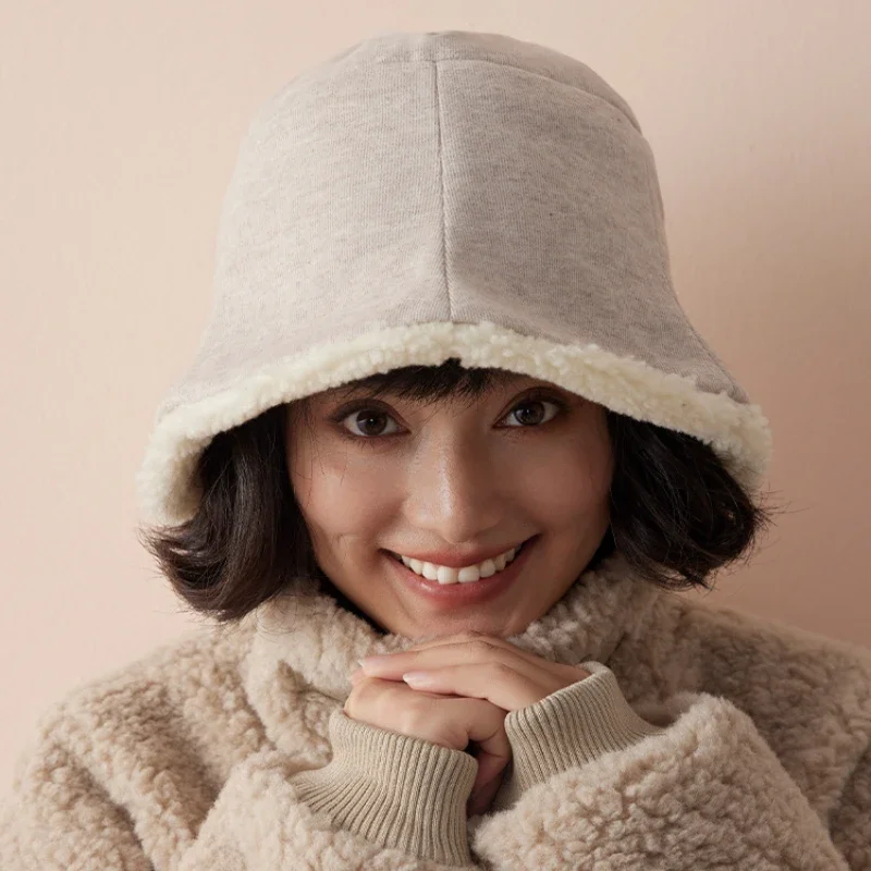 Retro Double-sided Lamb Wool Bucket Hats Women Winter High-quality Warm Versatile Literary and Simple Velvet Basin Caps for Men