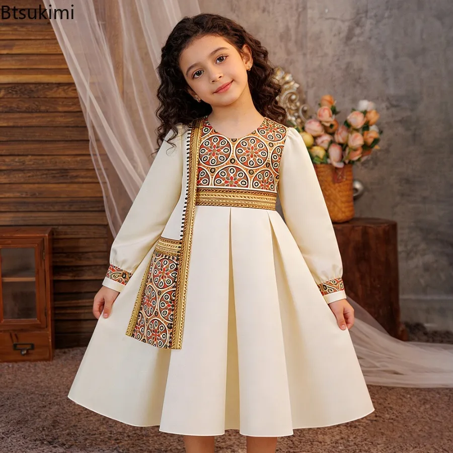 

Muslim Ramadan Prayer Gown Festival Party Girls Dresses Long Sleeve Casual Robe Arab Dubai Abaya Children Birthday Prom Costumes
