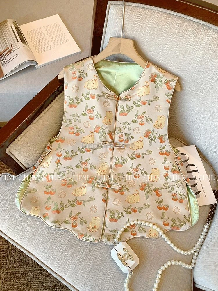 

2025 pastoral style persimmon printing personalized vest trendy temperament versatile vest chinese style elegant leisure singlet