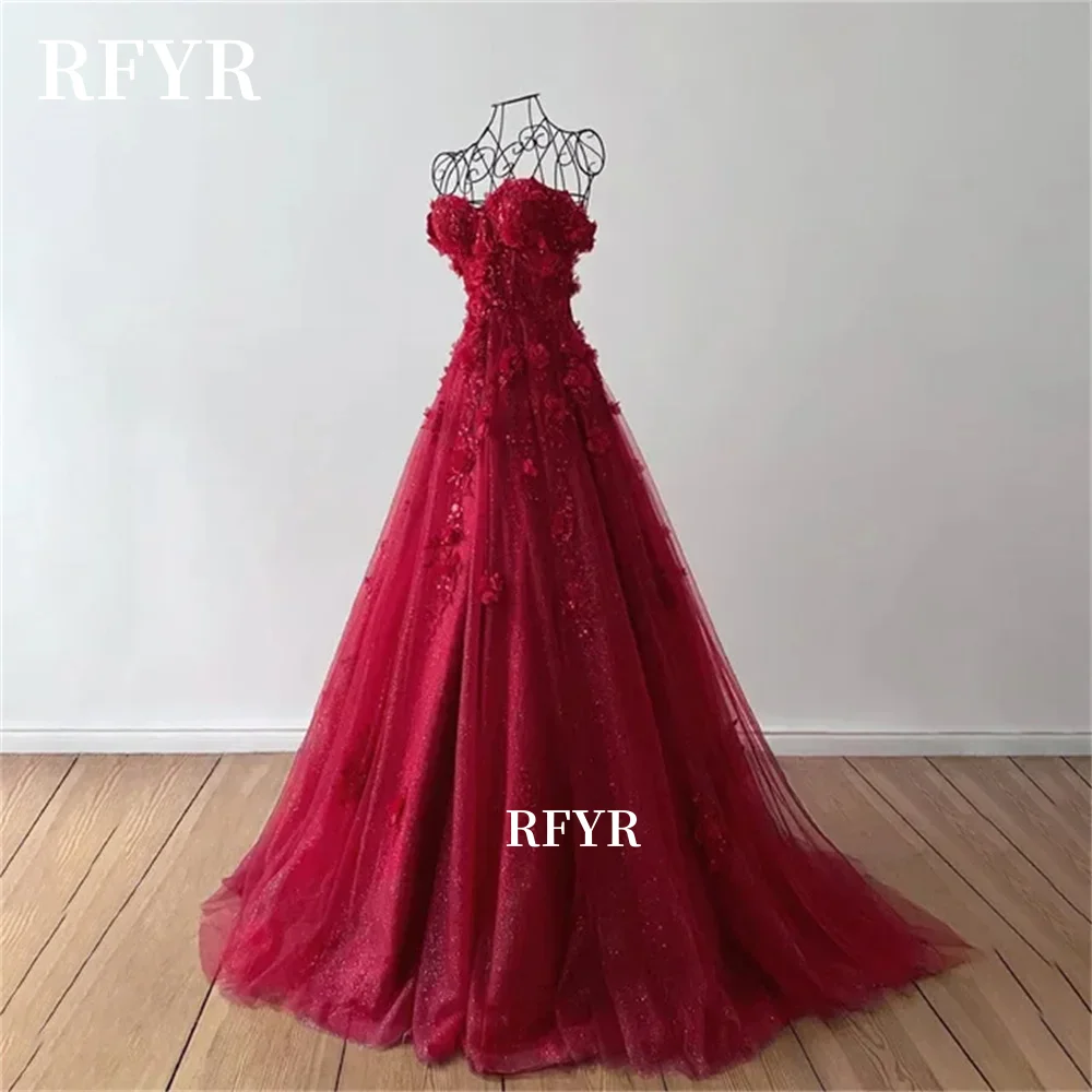 

RFYR Burgundy Prom Dress Lace Applique Princess Gowns Evening Party Dress Formal Celebrity Dress for Women Customized
