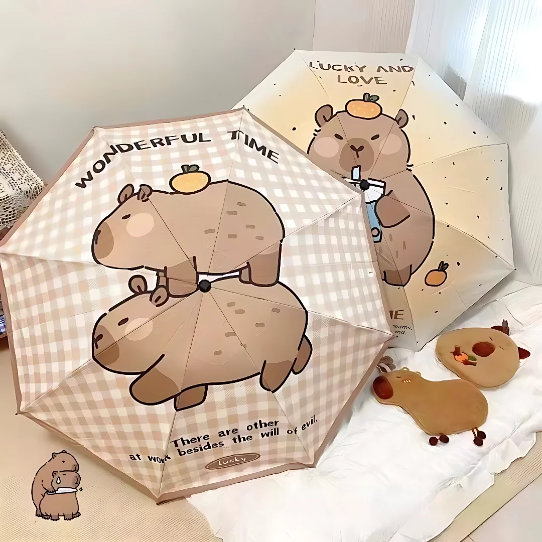 8-Bone Kapybara التلقائي الأسود المطاط المطر وتألق ثنائي الاستخدام مظلة واقية من الشمس المحمولة للطي عززت مظلة الطالب #1