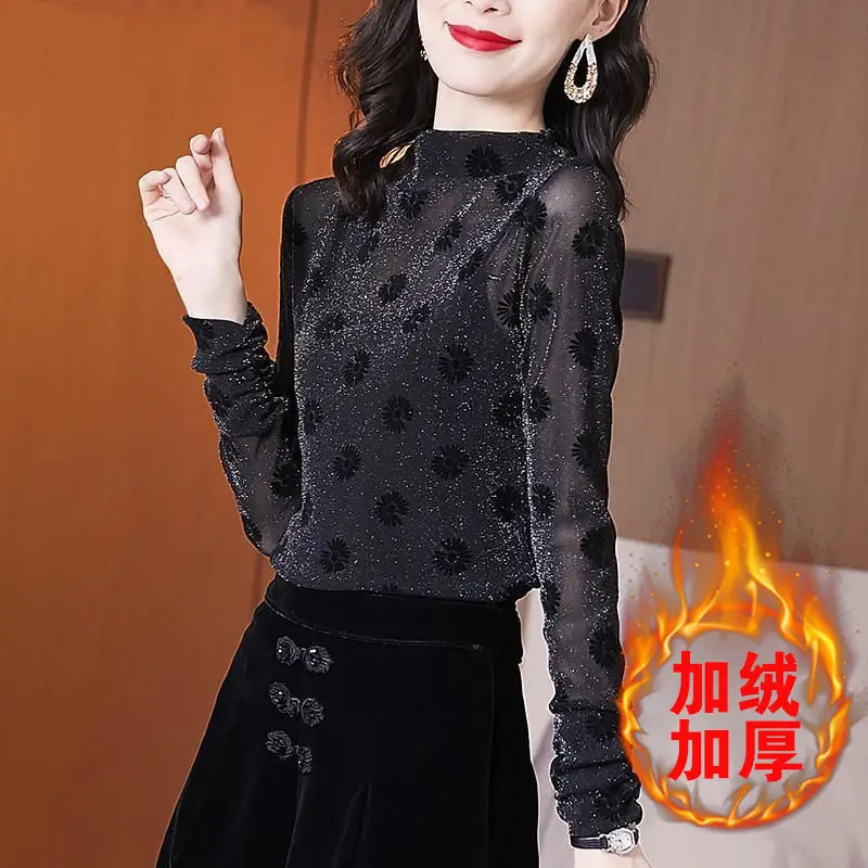 Women Autumn Winter Fashion Slim Polka Dot Net Yarn Mock Neck Long Sleeve Bottoming Shirt Women Clothes Elegant All-match Tops