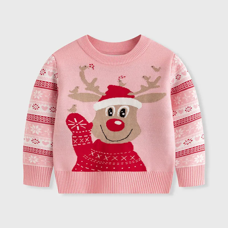 Winter Girls' New Reindeer Print Cartoon Cute Long Sleeved Christmas Fashion Simple and Versatile Knitted Round Neck Sweater