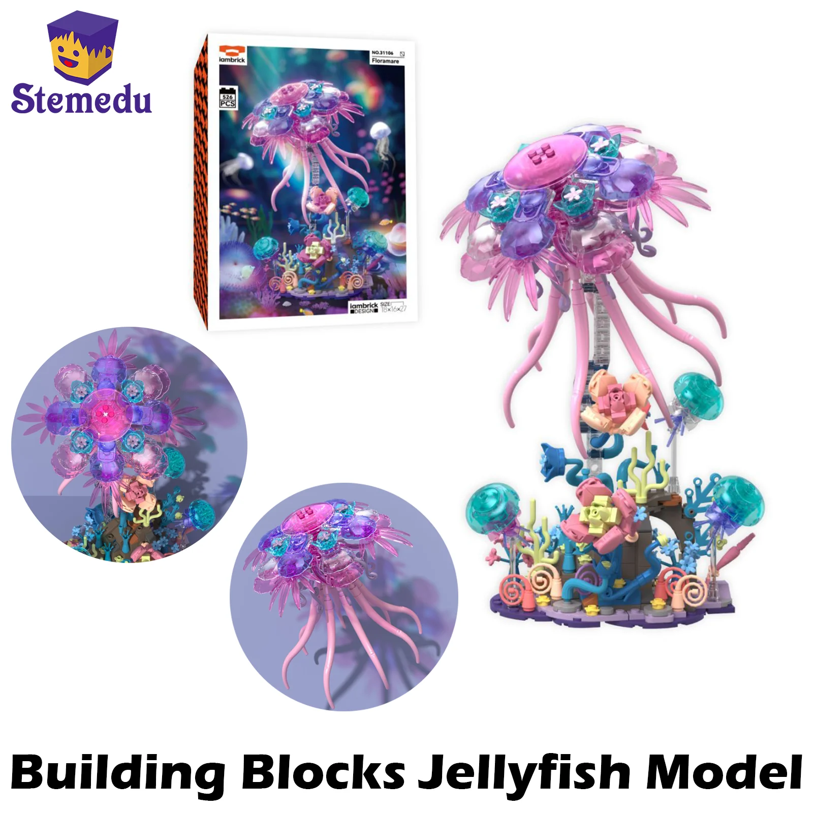 

526PCS Floramare Jellyfish Building Blocks with Flower Base Stand – Deep Sea Animal Model for Girls Room Decor Gift