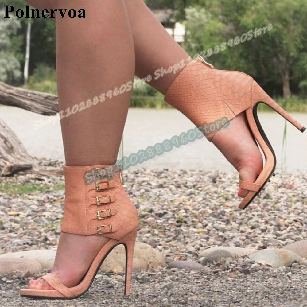 

Solid Snake Skin Buckle Strappy Sandals Thin High Heel Shoes For Women Back Zipper Open Toe Stylish Party Zapatos Para Mujere