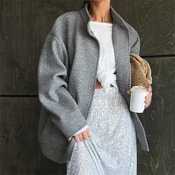 Women Autumn Winter Gray Faux Wool Jacket Coat Fashion Warm Long Sleeve Snap Button Pockets Coat Office Lady Outerwear