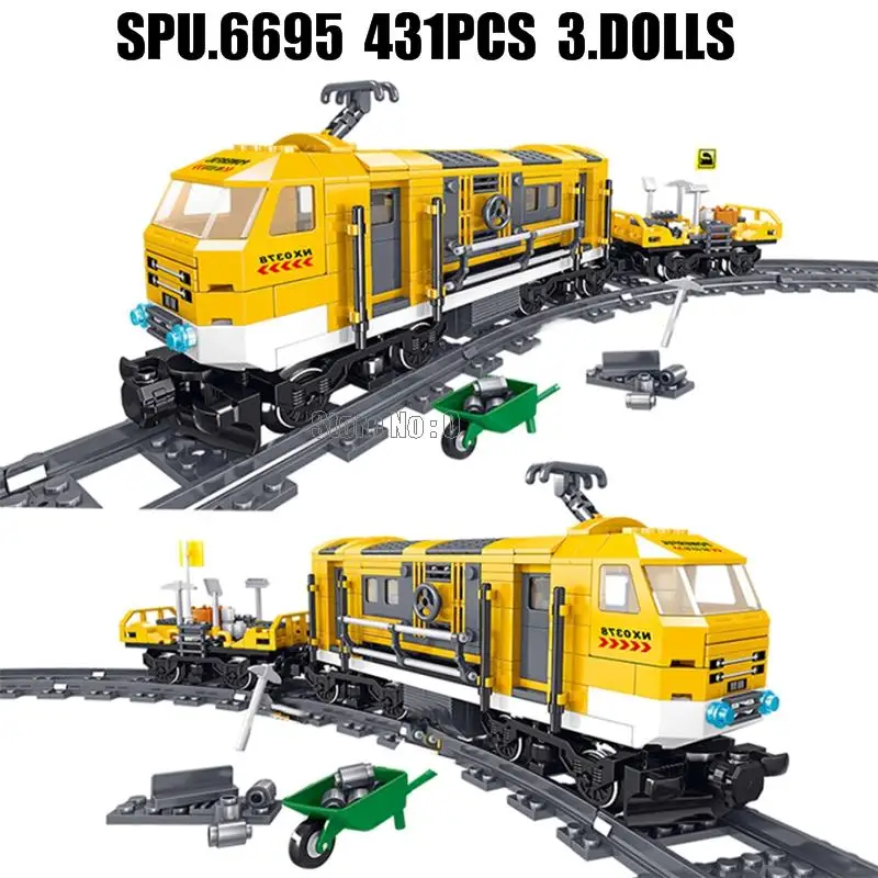 Ql0308 431pcs Technical Yellow Maintenance Vehicle Train Track Railway 3 Dolls Building Blocks Toy