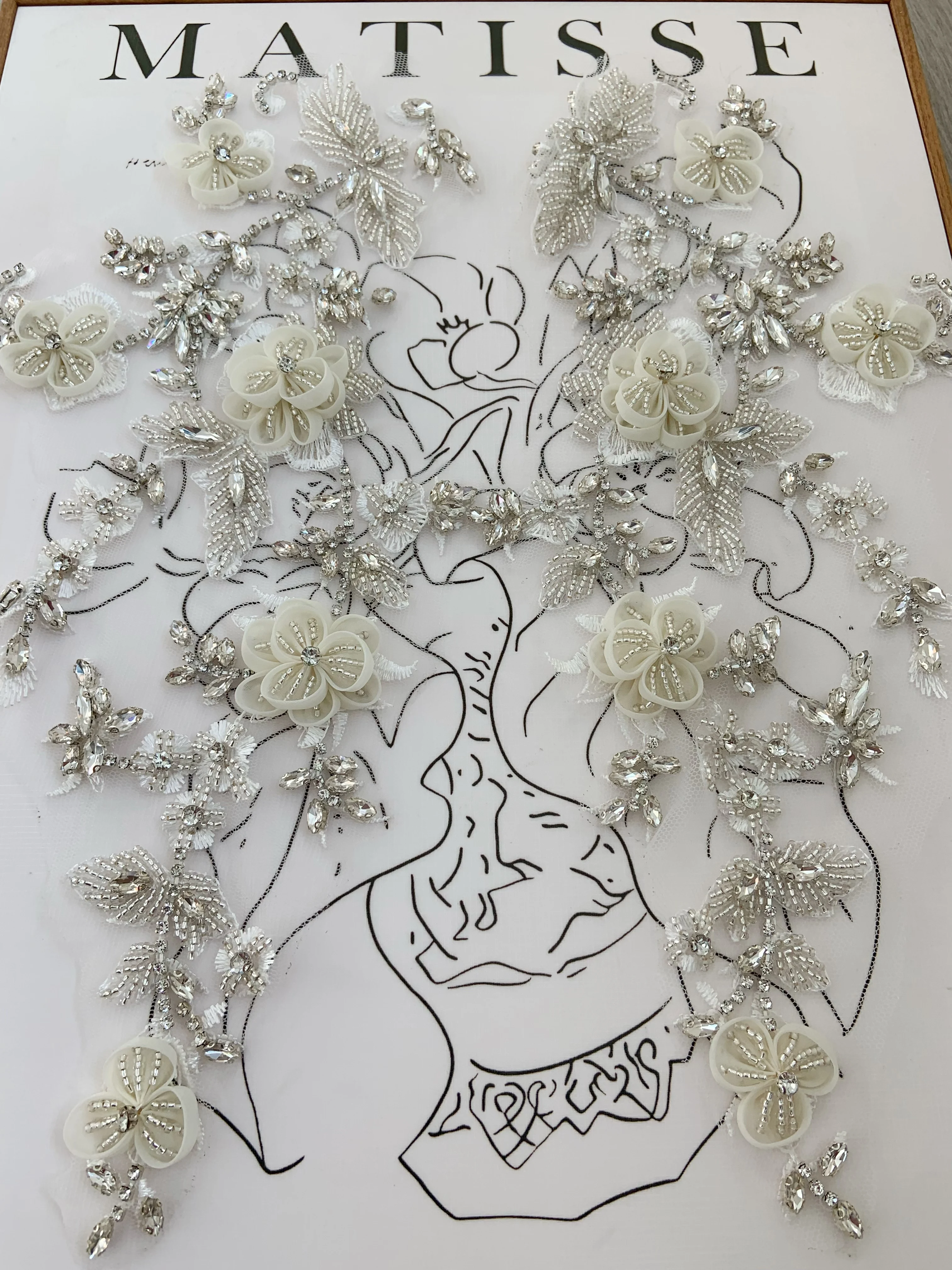 Off White Rhinestone Applique with 3D Flowers For Haute Couture Bodice Patch Sewing Wedding Motif view 6