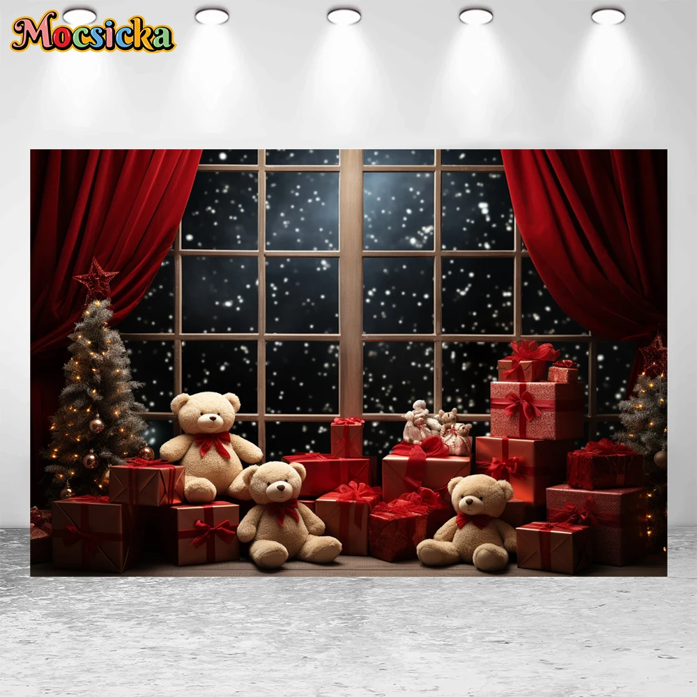 Mocsicka Winter Christmas Photography Background Cute Bear Theme Decoration Holiday Party Family Kids Photo Backdrops Studio