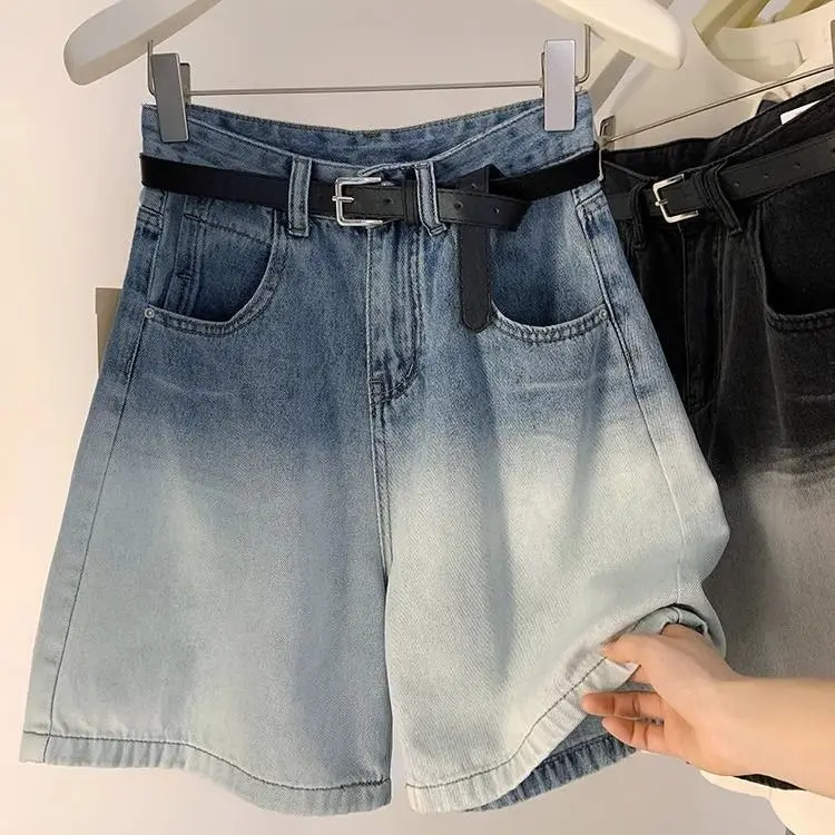 Fashion gradient five-point jeans female 2024 summer new Joker high waist loose straight short wide leg pants