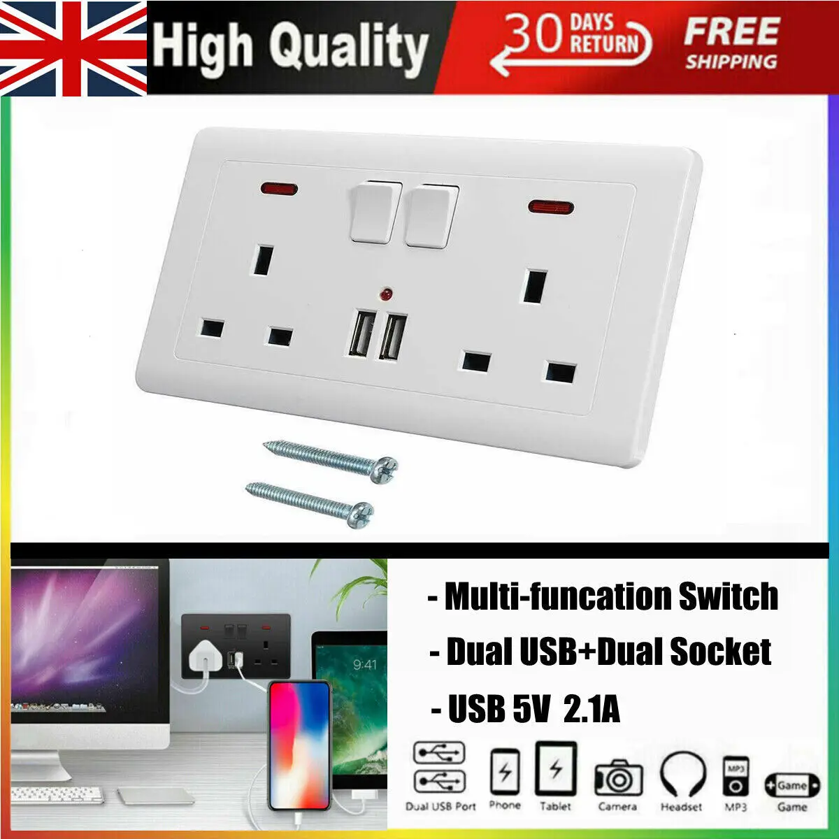 Double Wall Plug Socket 2 Gang 13A with 2 USB Charger Port Outlets White Plate