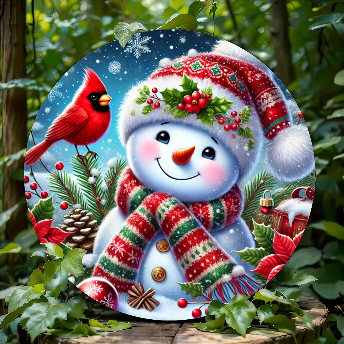 لافتة معدنية لرجل الثلج والكاردينال الاحتفالي - ديكور حديدي مطبوع مع مشهد العطلة لجدار المنزل والحديقة والمزيد لديكور الغرفة
