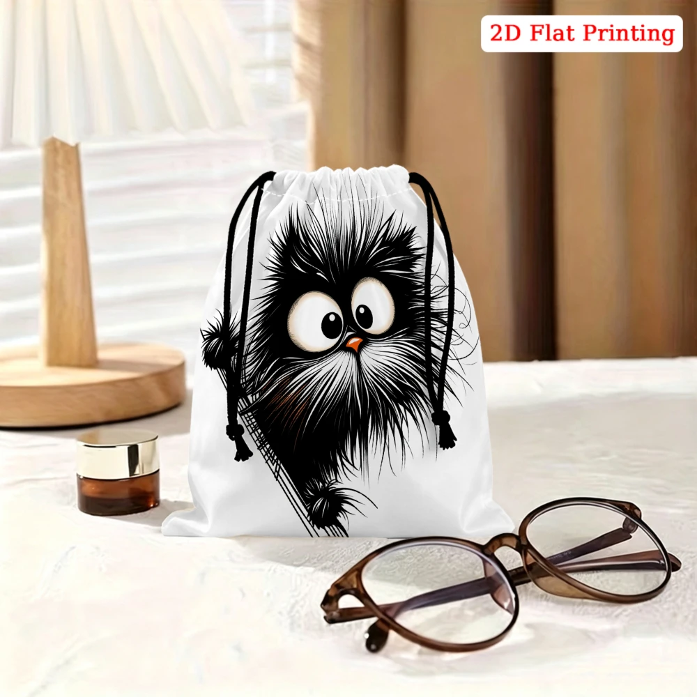 1pc Cartoon Style Drawstring Bag White Cute Black Furry Monster Print Storage Small Pouch For Glasses Cosmetics Travel Organizer