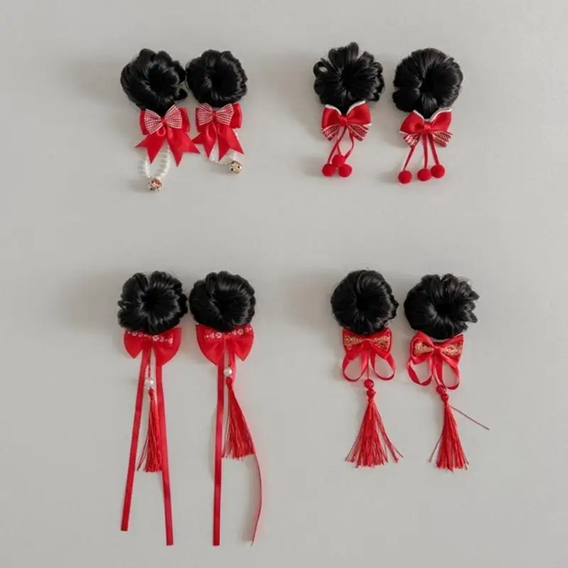 

54DF 1 Pair Baby Simulated Wigs Bun Headwear Toddlers New Year Hair Clip