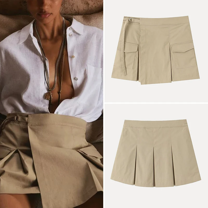 

Z High Waist Asymmetric Decorative Wide Pleat Workwear Skirt Pants Women's Faion Summer ort Midi Skirt Polyester