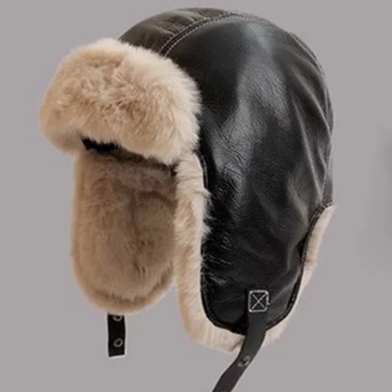 

Winter Men Women's Pilot Aviator Bomber Trapper Hat Faux Fur Soft Leather Snow Cap with Ear Flaps Windproof Lei Feng Hat