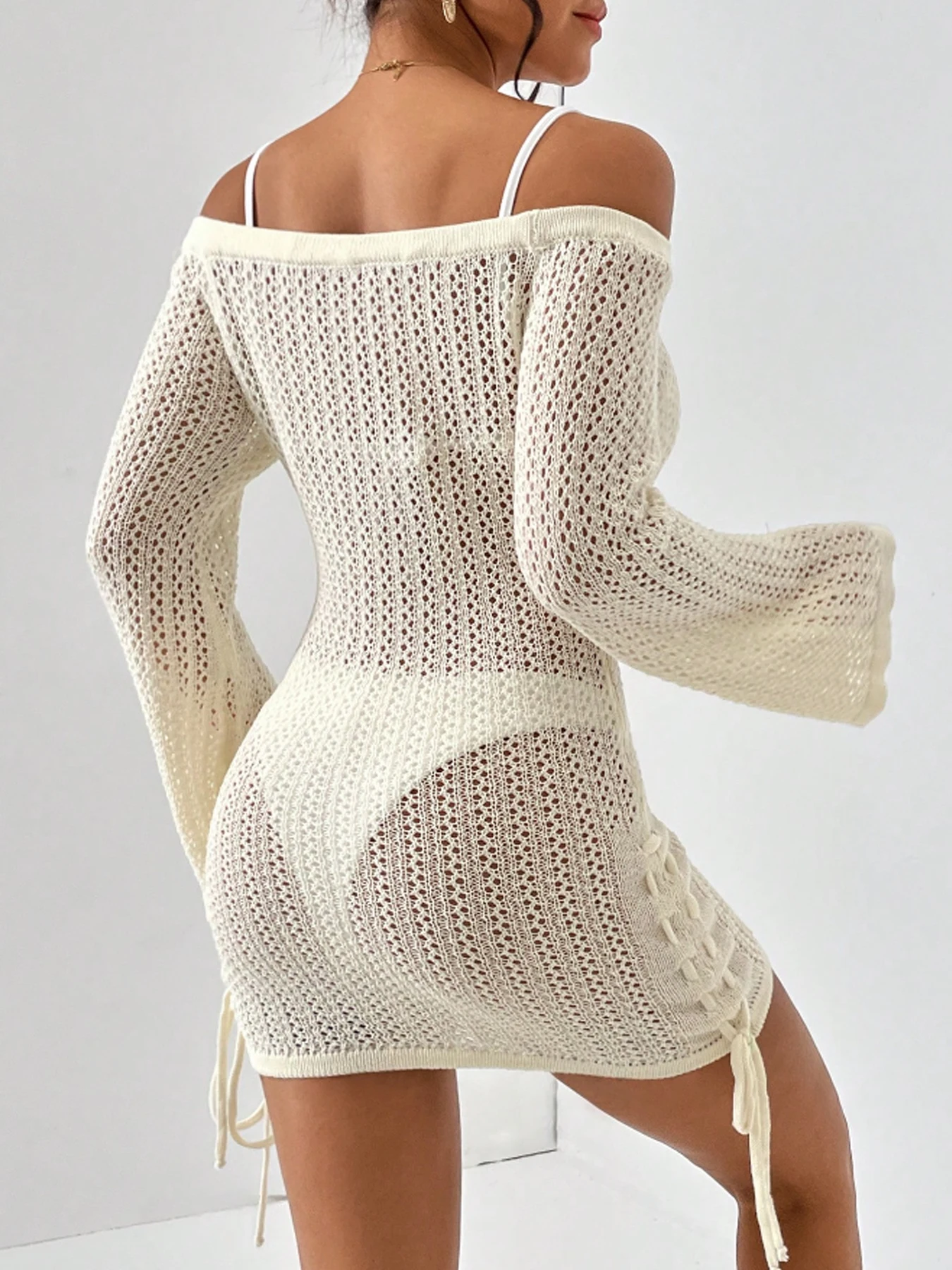 Fashion Style Beachwear Cover Up Knitting Sexy Hollow Out Short Dress Women's Summer Vacation See-Through Sunscreen Smock Dress