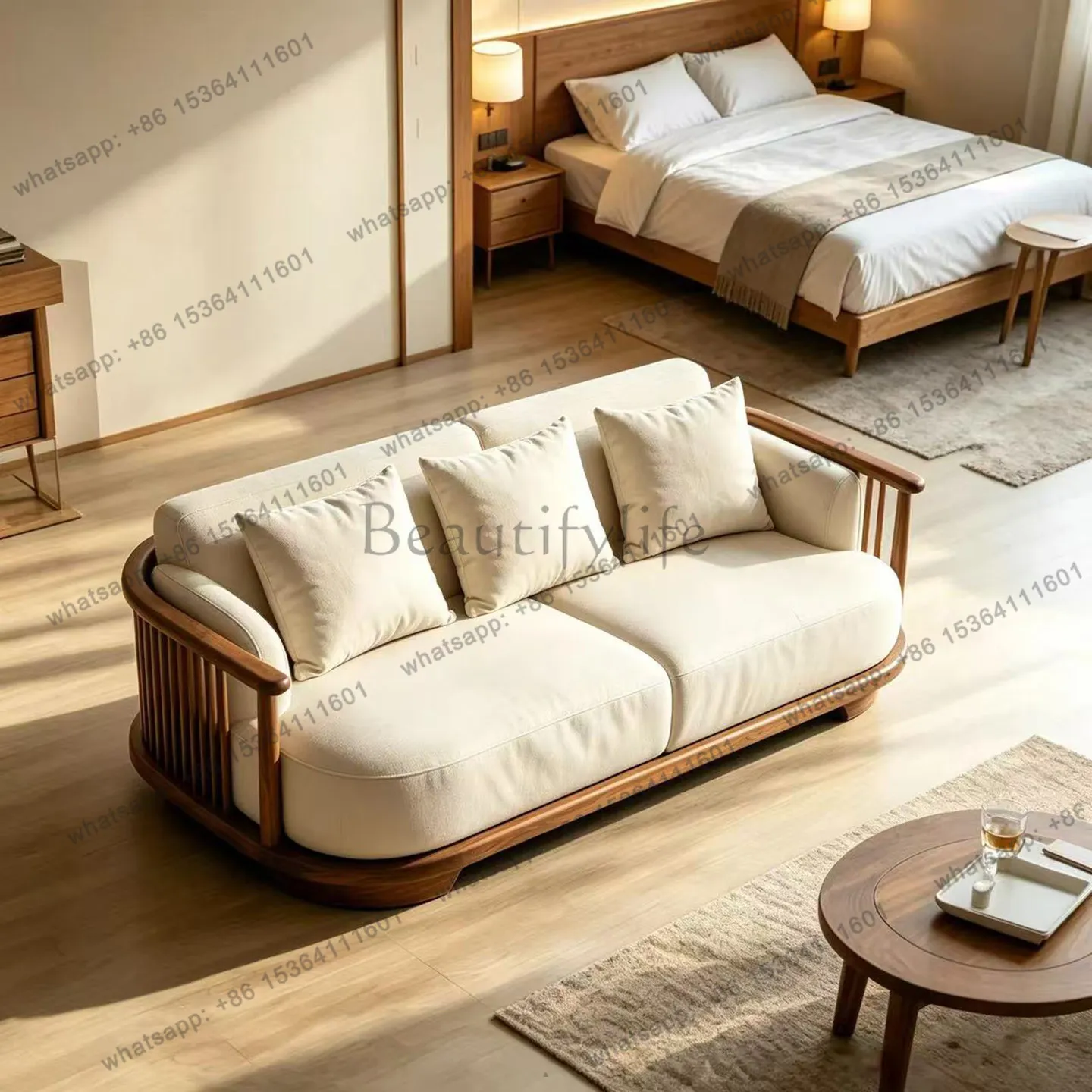 YJ New Chinese-style North American black walnut sofa Modern simple vertical bar log wind fabric solid wood
