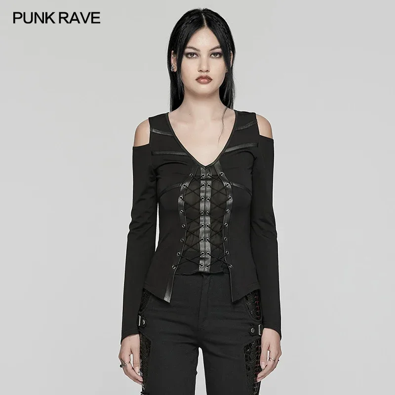 PUNK RAVE Women's Punk Shoulder Hollowed Sexy T-shirt Gothic Daily Micro Horn Sleeve Rebellious Personality Black Tops