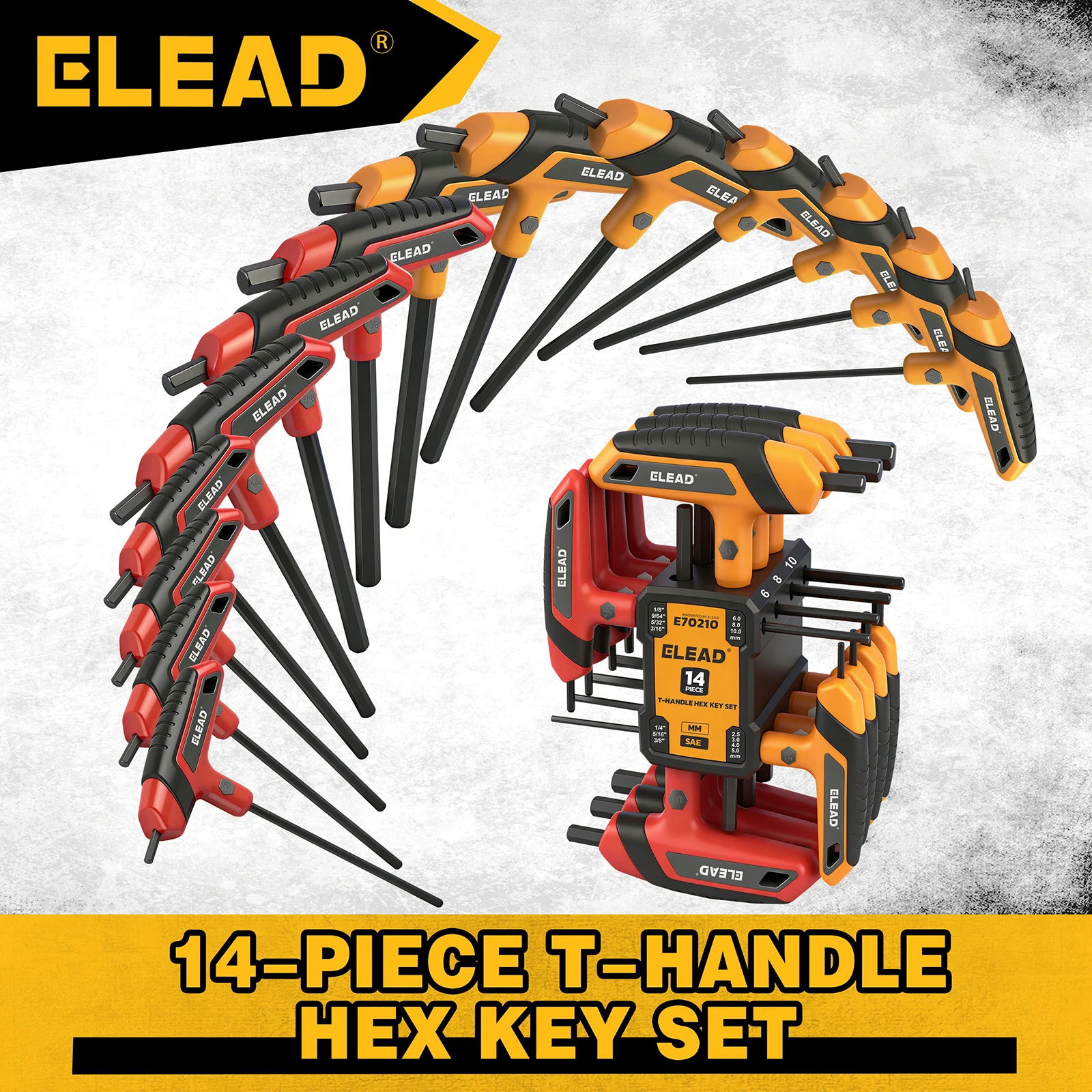 ELEAD 14PC T-Handle Allen Wrench Set, Metric & SAE, Long Arm Hex Key with Storage Rack, Portable Tools for Home Repair