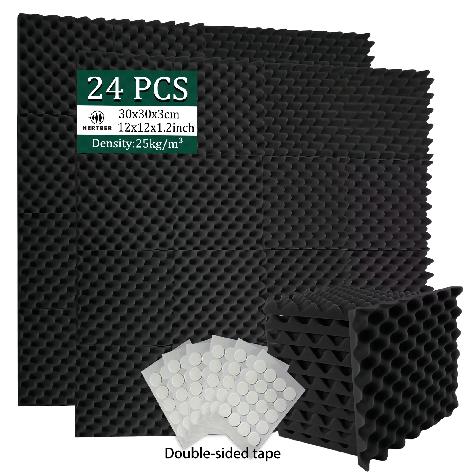 24Pcs Black Egg Crate Soundproof Acoustic Foam Panels 30×30×3cm with Double Sided Adhesive Tapes for Recording Studio HomeCinema