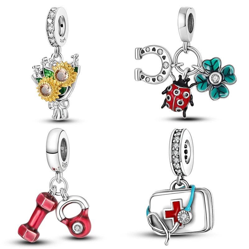 Original S925 Silber Überzogene Sonnenblume Marienkäfer Klee Charms Anhänger Fit Original Armbänder Feine DIY Geburtstag Schmuck Geschenke