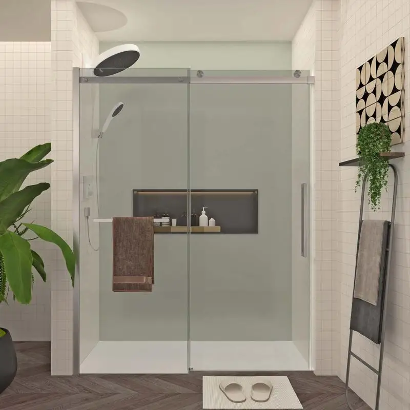 

Frameless Sliding Shower Door 56-60"W x 76"H with Brushed Nickel Hardware, Towel Bar & Handle, Drop Shipping Available
