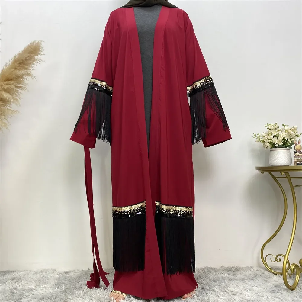 

Muslim Abayas for Women 2023 Sequined Tassel Robe Abaya Dubai Turkey Middle East Femme Cardigan Robe Loose African Lace-up Dress