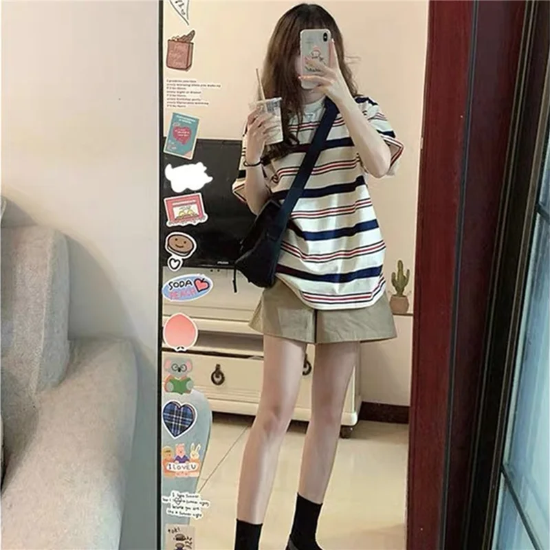 American Style Striped Loose Sleeveless Women's T-shirt Unique Design Summer Fashion Top Quality Polyester And Spandex