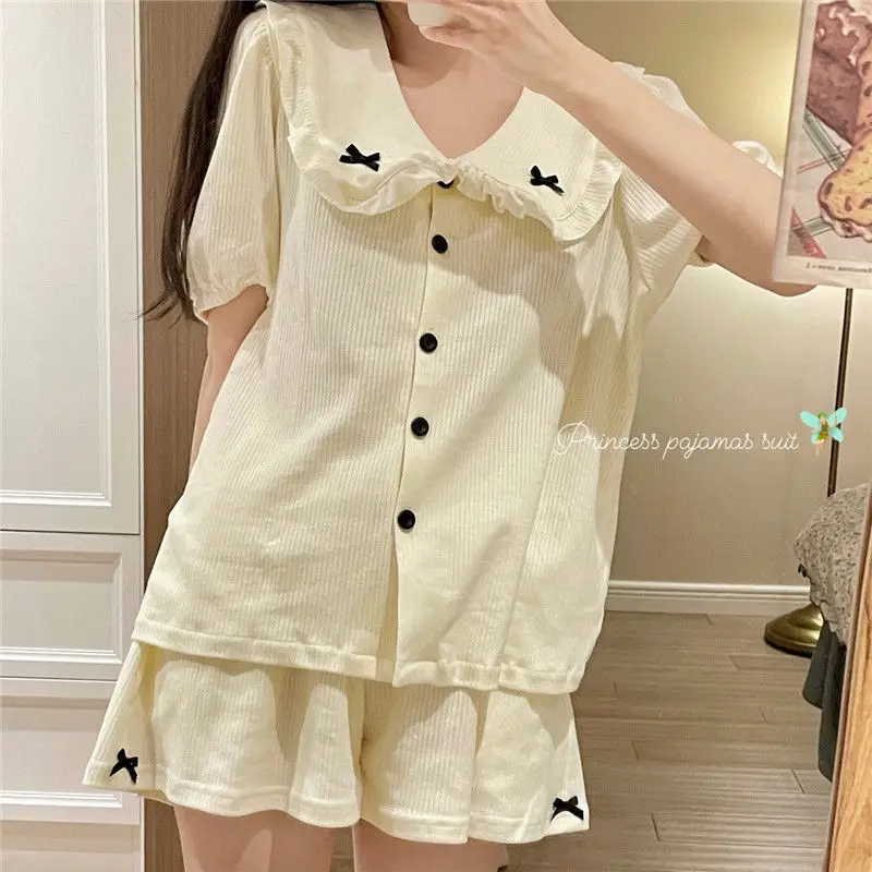 Peter Pan Collar Women Pajamas Sets for Home Summer Solid Sleepwear Shorts Sleeve Bow 2 Pieces Night Wears Korean Home Suit 2024