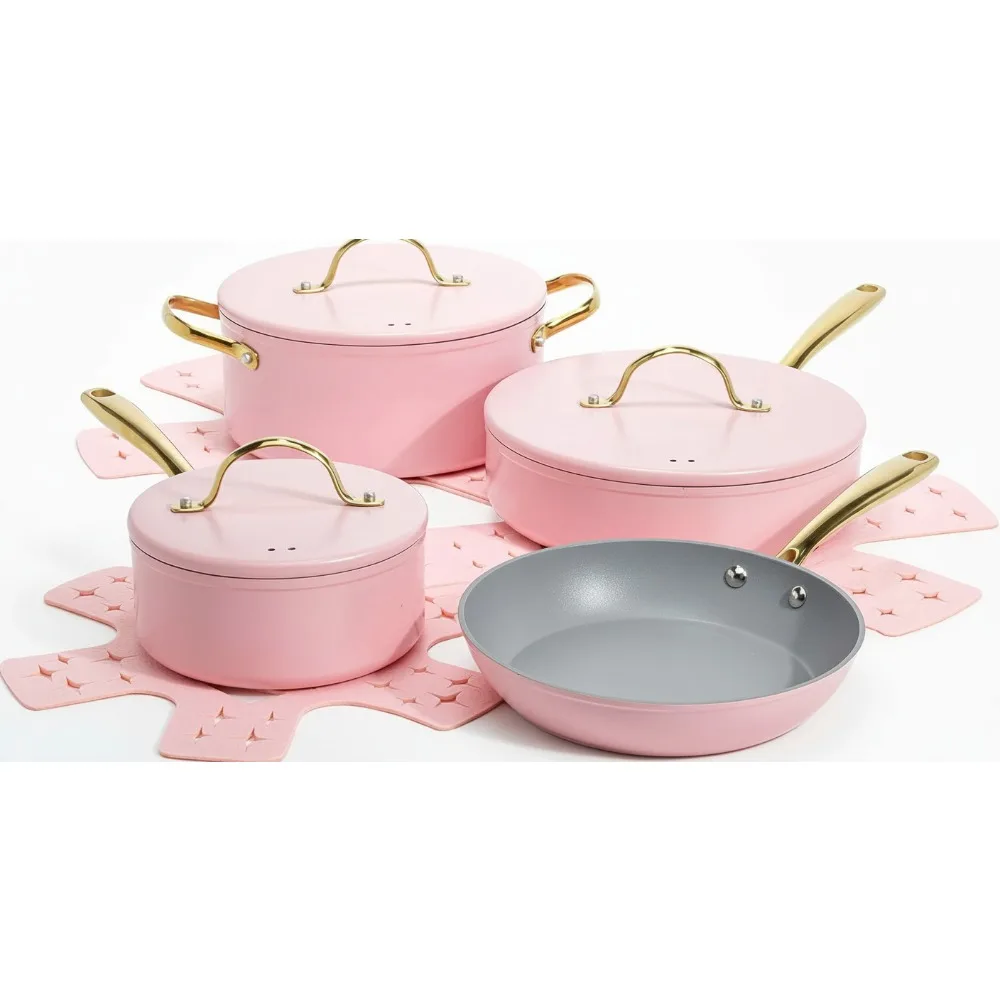 

Premium 10-Piece Pink Nonstick Cookware Set, Multi-Layer Coating, Gold Handles, Dishwasher Safe Kitchen Essentials