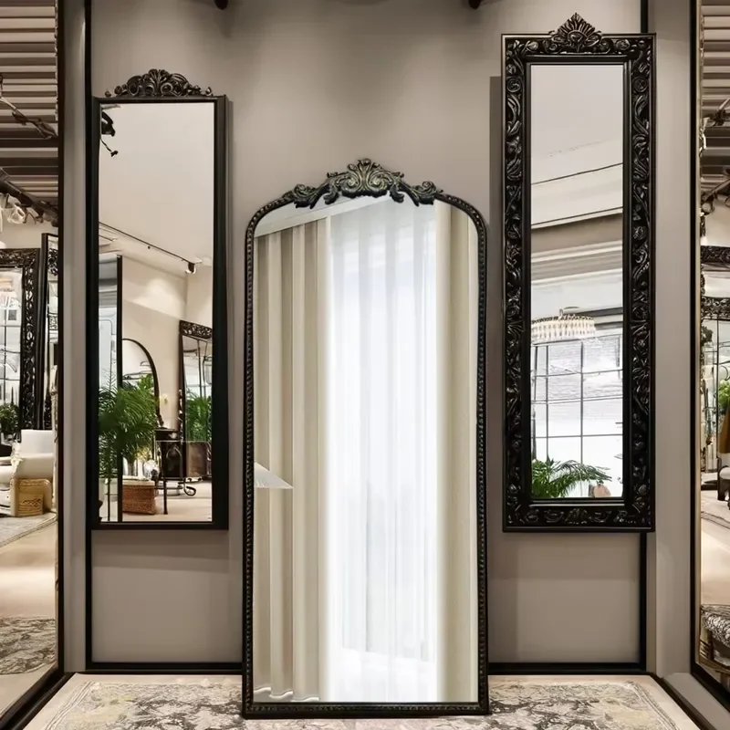 Antique French Luxury Vintage Arched Floor Mirror with Metal Frame Home Decor Furniture Full Length Glass Standing Mirror