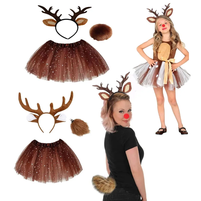 Women Girls Christmas Cosplay Deer Costume Accessories Antler Headband Red Nose Skirts Dress up Props for Adults Teenagers Kids