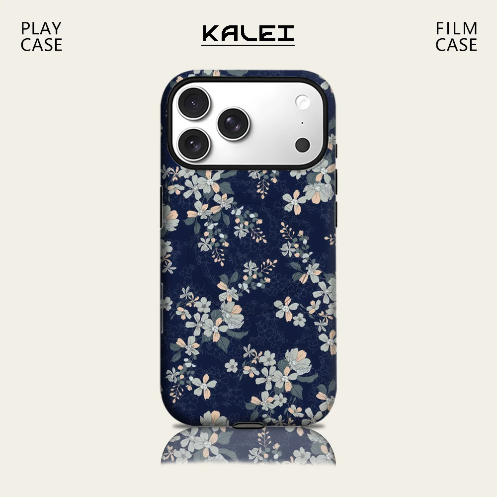 Marineblauer Hintergrund, pastellfarbene Blumen-Handyhülle für iPhone 17, 16, 15, 14, 13, Pro Max Plus für magnetische, einzelne, doppelschichtige, robuste Hülle