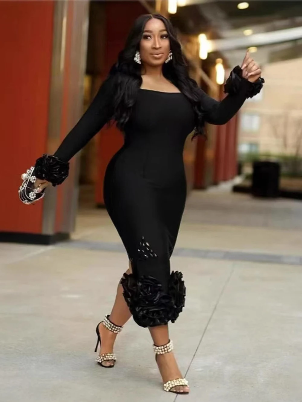 

New European And American Style Square Collar Three-Dimensional Flower Decoration Nail Bead Bandage Dress Dinner Party Gowns