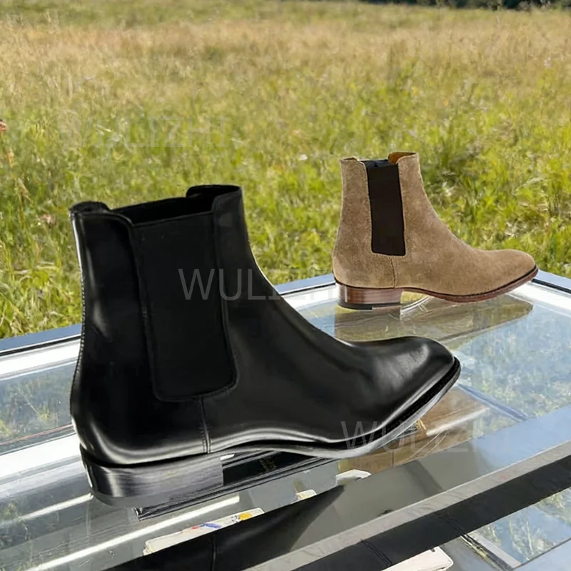 Botas de cuero elásticas de ante marrón para hombre, botines informales negros hasta el tobillo hasta la pantorrilla, zapatos deportivos concisos con punta redonda y retales grises