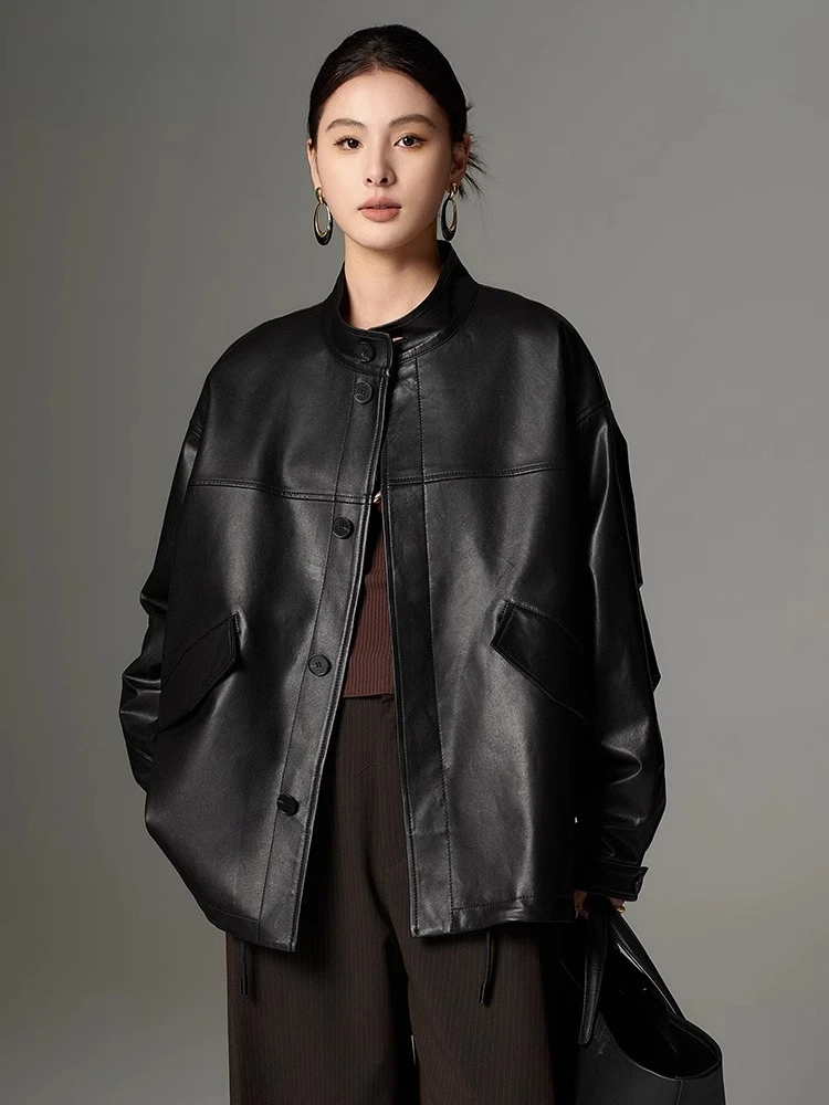 

Casual Black Genuine Leather Jacket for Women Spring Autumn 2026 New High-end Simple Stand Collar Loose Soft Real Sheepskin Coat