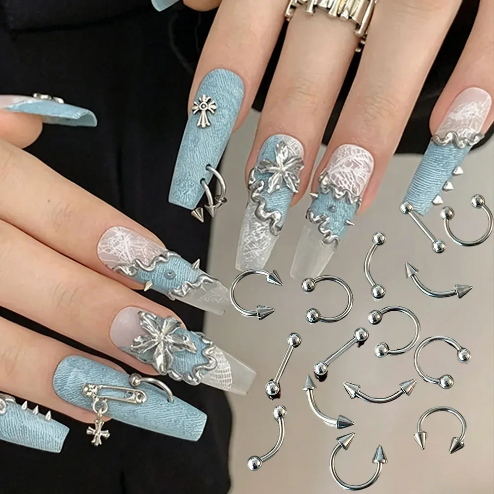 10Pcs Removable Detachable Nail Piercing Rivets Charms Punk Metal Spike Arrow C Nail Rings Gothic Y2K DIY Manicure Accessories