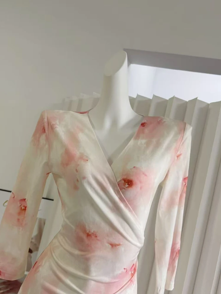 Lente Herfst Nieuwe Vintage Mode Elegante Jurk Vrouwen Bloemenprint V-hals Lange Mouw Kant-up Gebreide Jurk Slim Fit Feestjurk