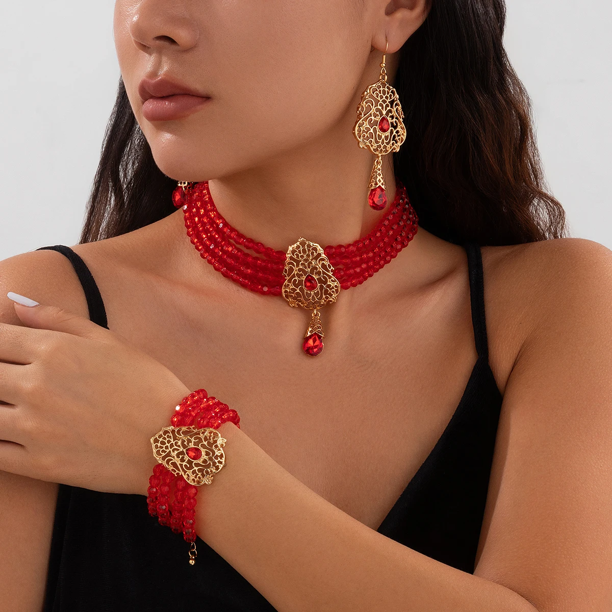 Salircon 3Pcs/Set Multilayer Crystal Beads Chain Choker Necklace Bracelet Earrings Set for Women Elegant Party Wedding Jewelry