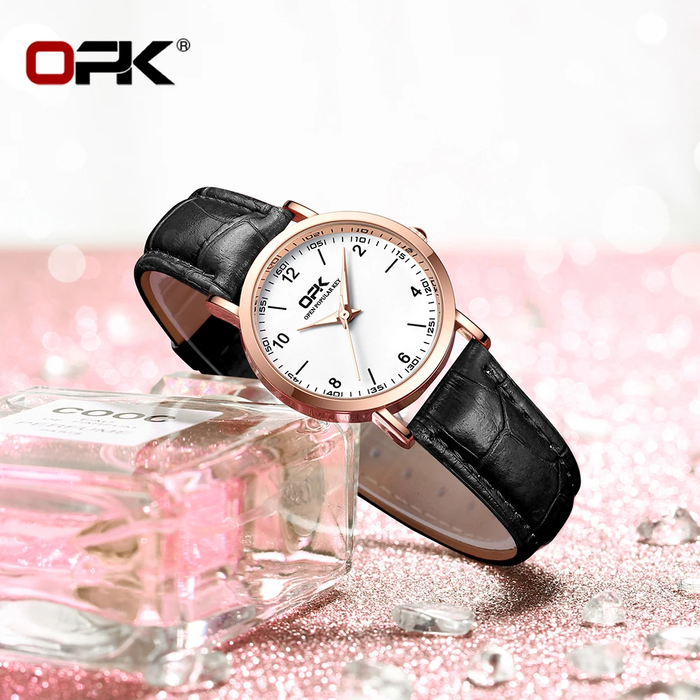 OPK 8613 Womens Watch Original Elegant Simple Brand Quartz Wristwatch Waterproof Luminous Leather Strap Ldies Watch Women's Gift