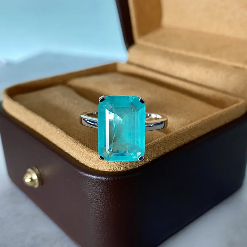 Gica Gema 925 Sterling Silver 10*14MM Synthesis Emerald Cut Paraiba Tourmaline Wedding Rings For Women Party Fine Jewelry Gifts