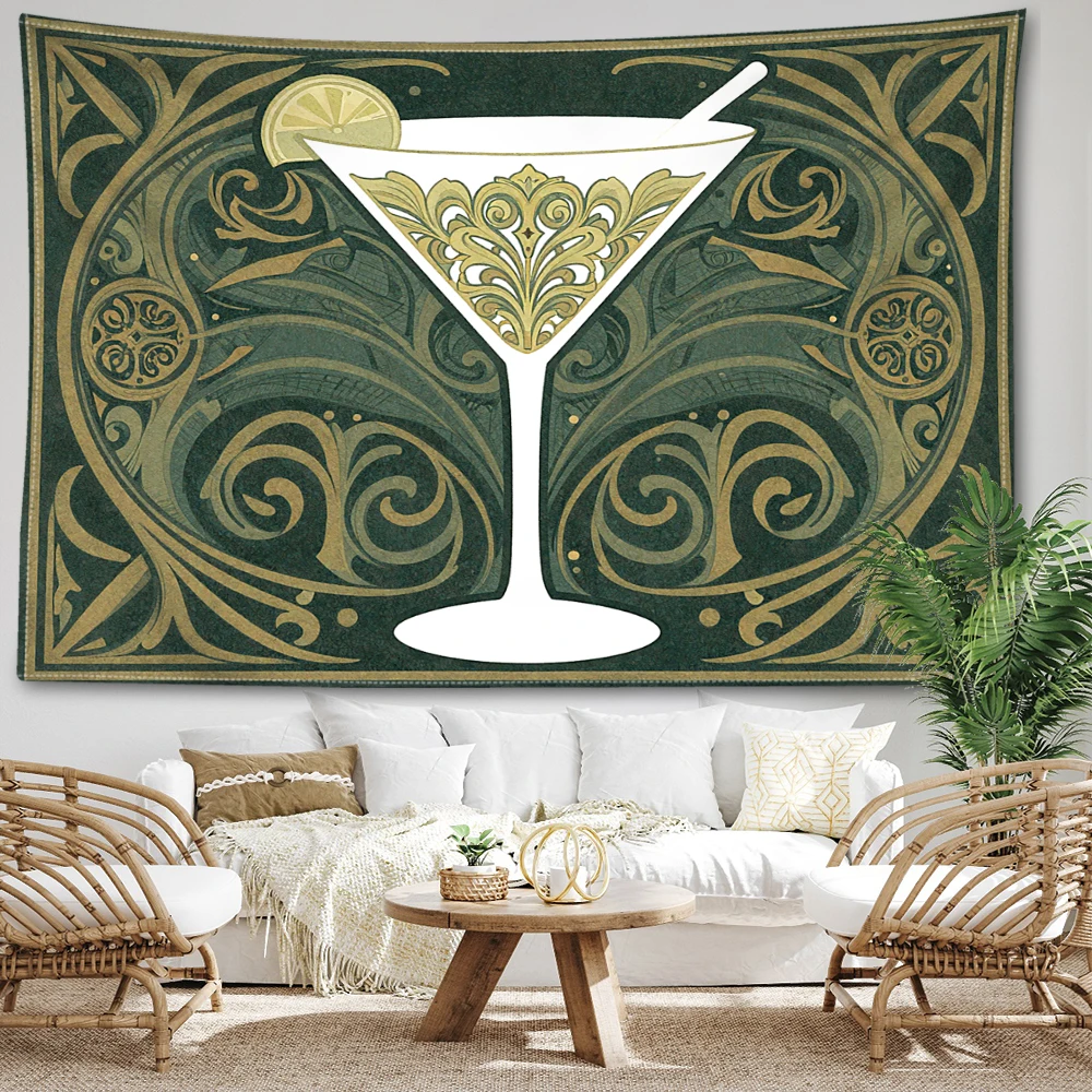 Deep Green Floral Martini Glass Printed Tapestry Wall Hanging Bohemian Style Bedroom Home Decor